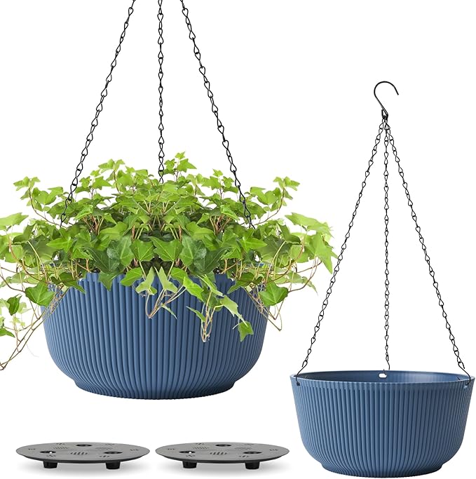 T4U 12 Inch Large Hanging Planters for Outdoor Plants, 2 Pack Self Watering Hanging Pots Indoor, Hanging Baskets for Plants,Hanging Flower Pot with Drainage Hole and Plant Hanger, Blue-VerdiqueGarden