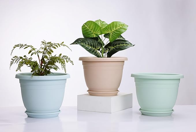 5 Packs 10 inch Plant Pots + Saucer, Planters for Indoor & Outdoor Plants with Drainage Holes | Plastic Flower Pots, Large Planter (Light Green, 10 inch)-VerdiqueGarden