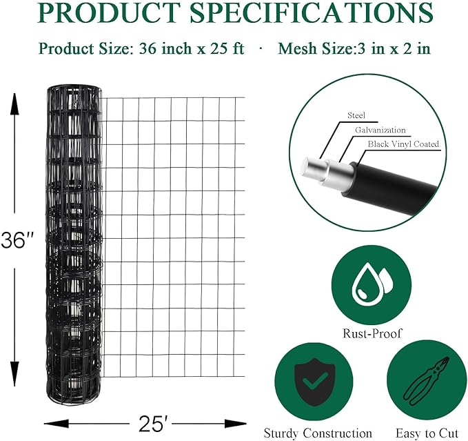 Black PVC Coated Welded Wire Fence 36 Inch x 25 Foot, 2 Inch x 3 Inch 16GA, Garden Border Fencing Roll Vinyl Coating Metal Wire Mesh for Yard Vegetable Plant Protection Poultry Netting-VerdiqueGarden