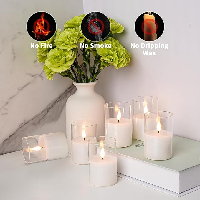 6Pack Glass Flickering Flameless Candles with Remote, 2"X3" Real Wax Votive Candles Battery Operated, Small Electric LED Candles for Wedding Home Decor, w/4 Timers+2 Lighting Modes [Clear]-VerdiqueGarden