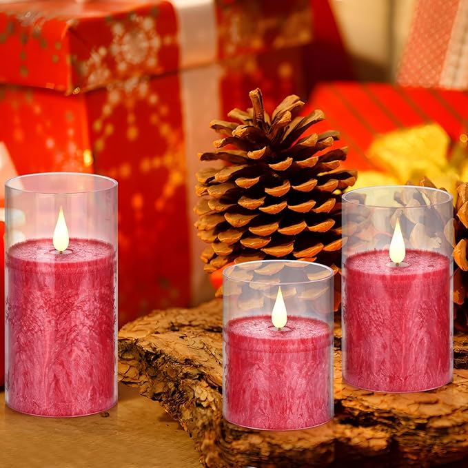 Flameless Flickering Remote Control Candle, Glass Pillar Candle,3 Pack (D:3"×H:4" 5" 6") LED 3D Flame Romantic Candle,Battery Operated Real Wax, Ideal for Wedding, Home Decor Holiday (Red)-VerdiqueGarden