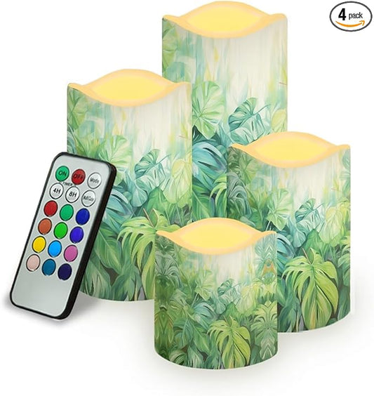 Ystardream Tropical Leaf Flameless Candles with Remote Battery Operated Candles Realistic LED Candles with Remote and Timer Set of 4 for Home Wedding Birthday Decorations-VerdiqueGarden