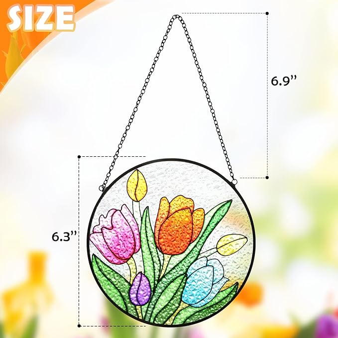 Tuitessine Tulip Suncatcher Stained Glass Window Hanging Panels, 6.3''x6.3'' Round Handmade Hanging Ornament with Chain, Garden Patio Wall Decor Flower Gift for Mom Teachers Friends-VerdiqueGarden