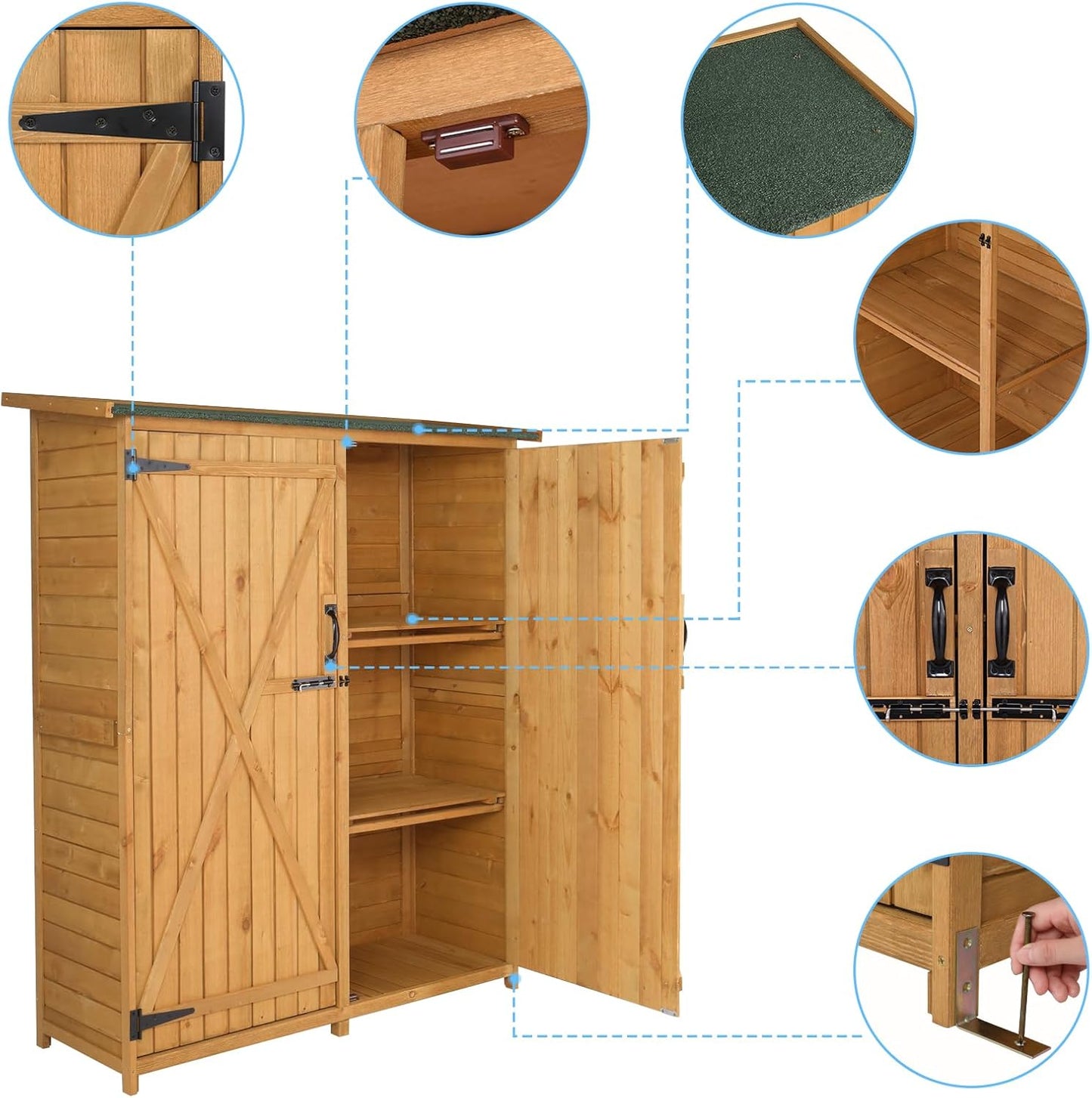 Outvita Outdoor Storage Cabinet with Waterproof Roof, Double Lockable Doors Garden Shed with 2 Removable Shelves, Wooden Storage Shed with Large Storage Space for Yard Garge Patio Deck Porch（Natural）-VerdiqueGarden