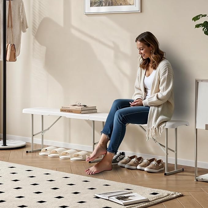 6ft HDPE Folding Bench, Foldable Seat with Sturdy Frame and Security Lock for Indoor and Outdoor, Multipurpose Entertaining Activities, Portable and Easy to Store, 2 Pack, White-VerdiqueGarden