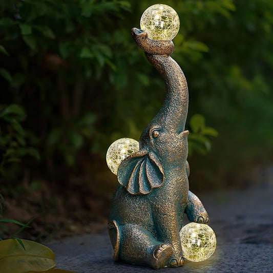 MININOVA Garden Decor Outdoor Statues Elephant with Cracked Glass Balls, Cute Solar Figurine for Patio, Lawn, Yard Art Ornament Decorations (15 LED Lights)-VerdiqueGarden