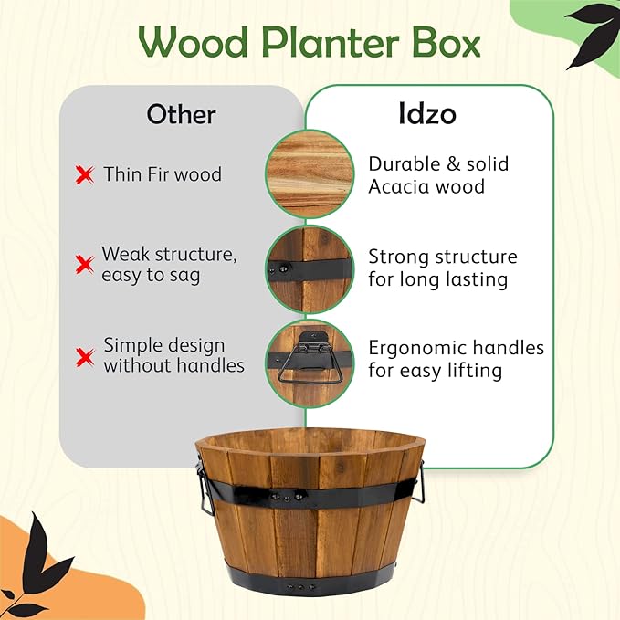 IDZO Set of 3 Wooden Flower Boxes Outdoor, Durable Acacia Wood Barrel Planters for Outdoor Plants with Ergonomic Handles, Drainage Holes, Multiple Sizes Wood Bucket Planter Light Brown-VerdiqueGarden