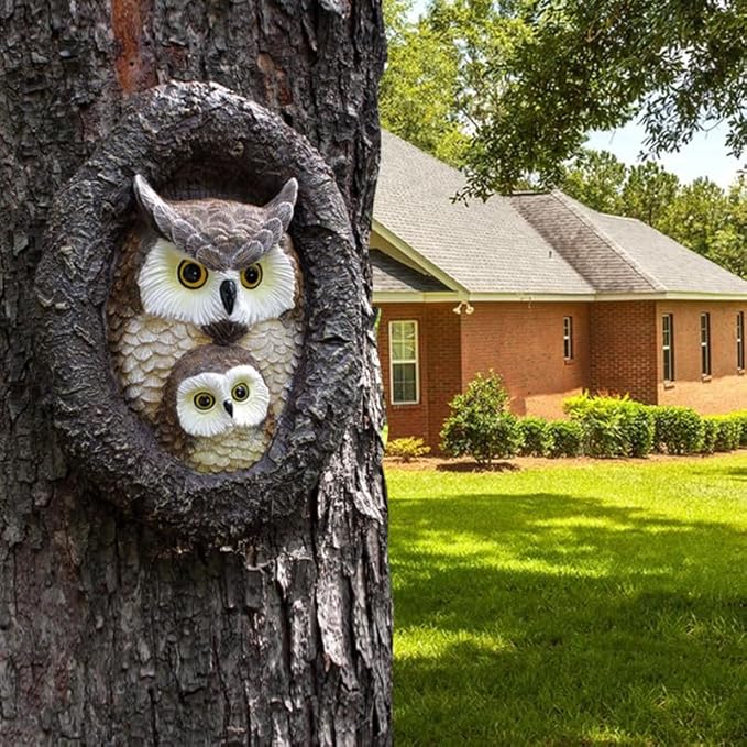 Owl Mom and Owlet Tree Hugger, Outdoor Garden Sculpture Tree Faces, Owl Bird Garden Resin Statue, Tree Peeker Ornament, Durable & Waterproof, Decorations Gardening Presents for Housewarming Birthday-VerdiqueGarden