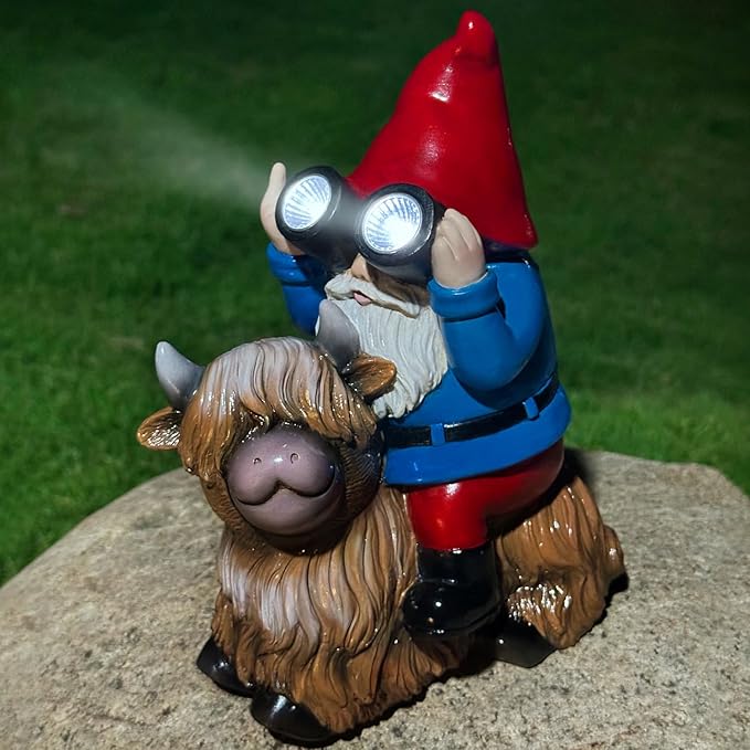 Gnome Garden Statue Solar Lights Outdoor Binoculars on Highland Cow,Birthday Gifts for Women/Men, Housewarming Gifts,Outdoor Decor for Balcony,Garden,Patio,Yard,Lawn(Cow Gnome)-VerdiqueGarden