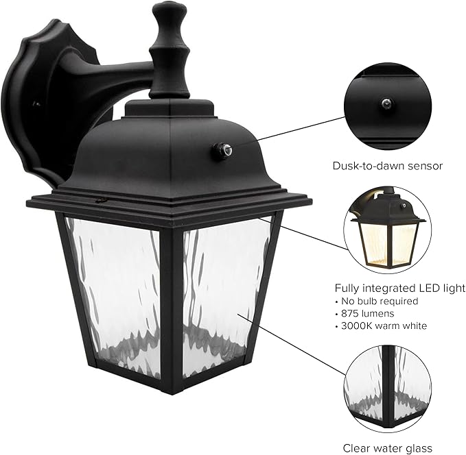Maxxima LED Porch Lantern Outdoor Wall Light Fixture - Black, Clear Water Glass, Photocell Sensor, 875 Lumens, 3000K Warm White, Dusk to Dawn Light Sensor, Exterior Decorative Light-VerdiqueGarden