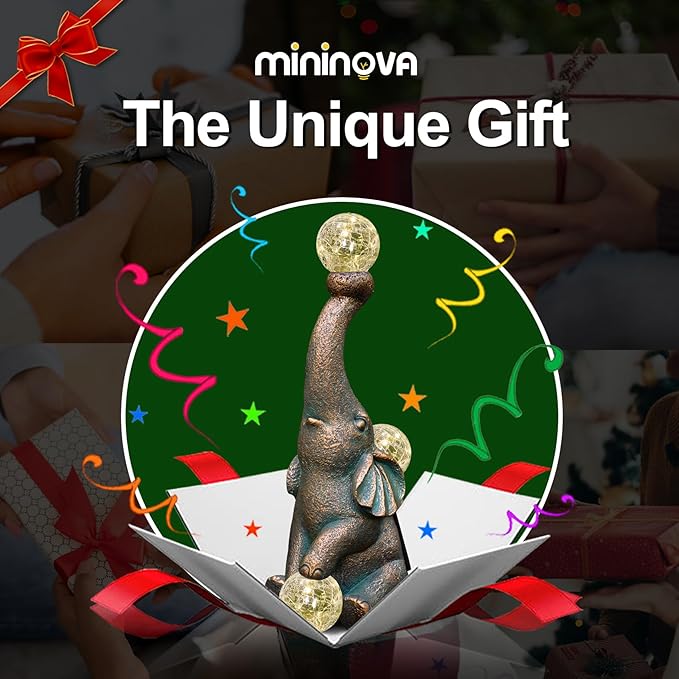 MININOVA Garden Decor Outdoor Statues Elephant with Cracked Glass Balls, Cute Solar Figurine for Patio, Lawn, Yard Art Ornament Decorations (15 LED Lights)-VerdiqueGarden