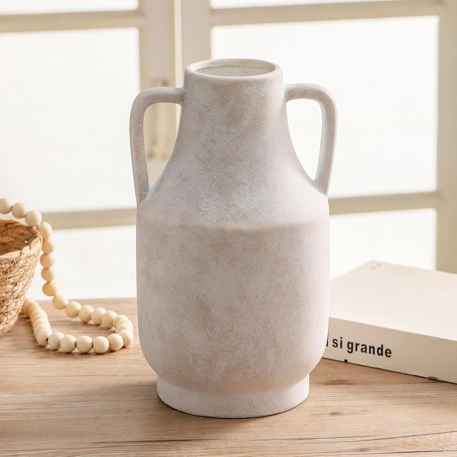 Mitt&Ditt Ceramic Flower Vase with Handles, 11 inch Tall Off-White Vase, Large Decorative Terracotta Vases, Farmhouse Rustic Pottery Vases for Home Decor, Living Room, Table-VerdiqueGarden