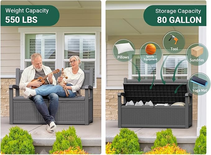 80 Gallon Outdoor Storage Box, Resin Patio Furniture with Armrest, Lockable Deck Box with Waterproof and UV Resistant for Patio Cushions, Garden Tools and Pool Supplies, Grey-VerdiqueGarden