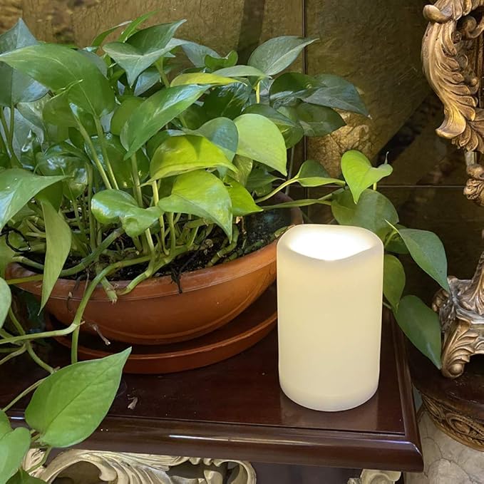CANDLE CHOICE Waterproof Outdoor Battery Operated Flameless Candle Remote Timer Large Tall White Plastic Realistic Flickering Electric LED Pillar Lantern Garden Wedding Christmas Decorations 4”Dx6”H-VerdiqueGarden