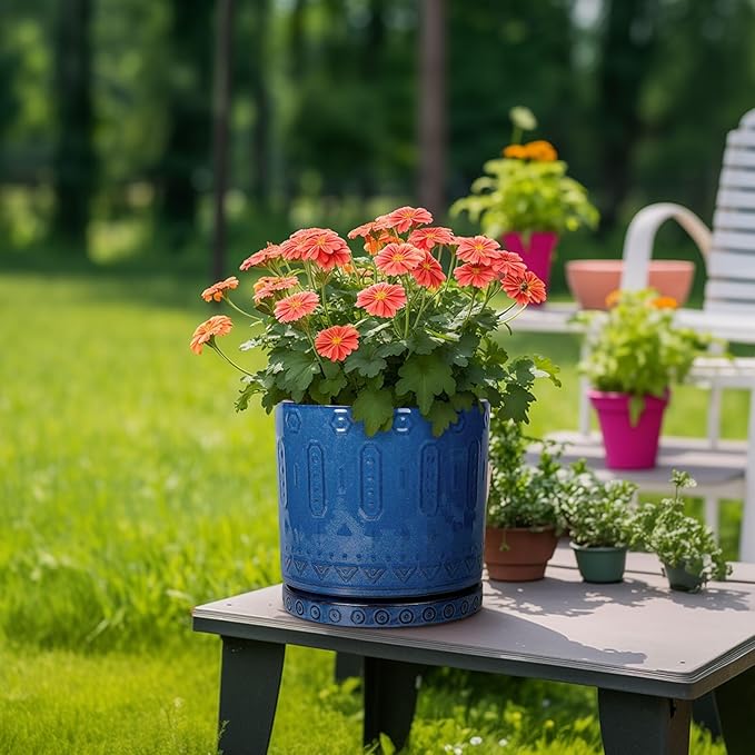 10 Inch Plant Pot - Ceramic Planter Outdoor Plant Pot Indoor with Drainage Holes and Saucer Large Flower Pot Round Decorative Planter for Garden Patio Decor Blue-VerdiqueGarden