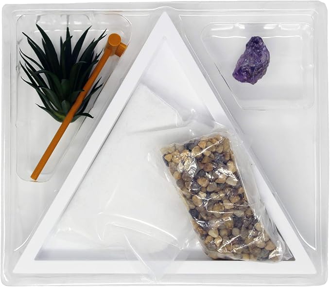 Nature's Mark Mini Zen Garden Kit for Desk with White Sand, Rake, White Base, Salt Rock and Air Plant (Triangle)-VerdiqueGarden