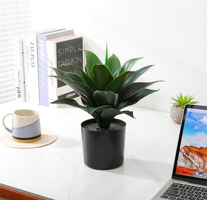 JUSTOYOU 14" Large Artificial Succulent Faux Agave Plant in Pot, Fake Potted Desk Plant Realistic Greenery Artificial Plants for Indoor Office Home Decor Bathroom Kitchen Shelf (Dark Green)-VerdiqueGarden