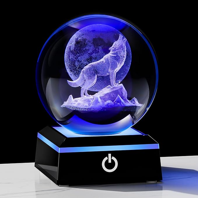 Qianwei Wolf Gifts: 3D Crystal Ball - 3.14'' Laser Decor Glass Animals Figurines Statue & Night Light-VerdiqueGarden
