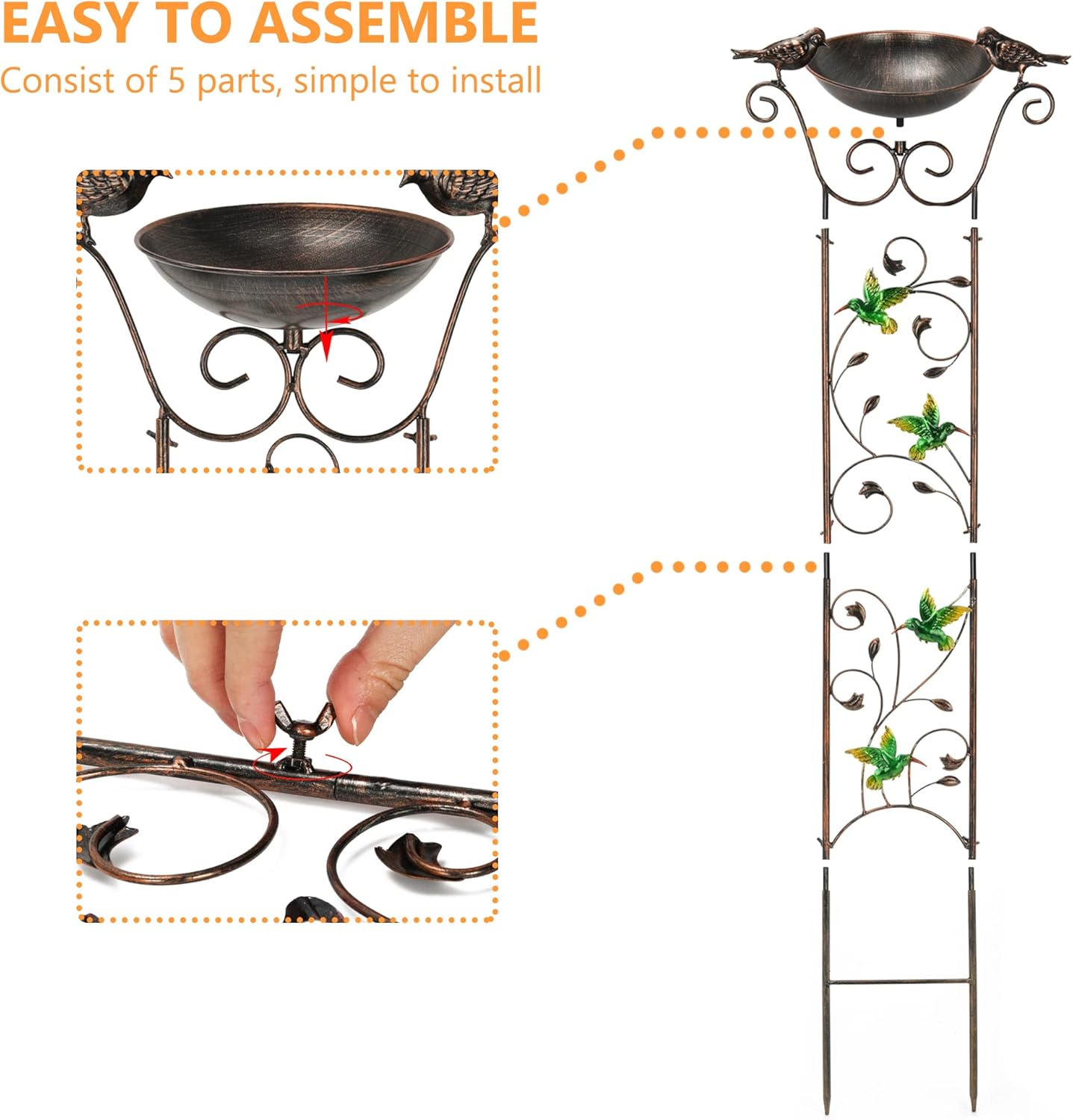 LEWIS&WAYNE Garden Trellis Bird Bath Outdoor, 40 Inch Antique Iron Garden Plant Trellis Decorative with Hummingbirds and Detachable Drinking Basin Bowl, Free Standing BirdBath Birdfeeder Station-VerdiqueGarden