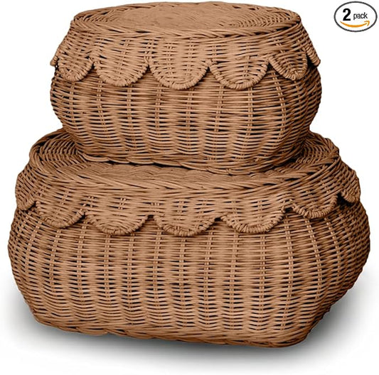 BEBE BASK The Original Scalloped Basket Set Of 2 - Small Scallop Basket - 15 x 10 x 6 In - Hand-Woven & Award-Winning - Elegant Wicker With Scalloped Edge Lid - Nursery Storage - (Mocca)-VerdiqueGarden