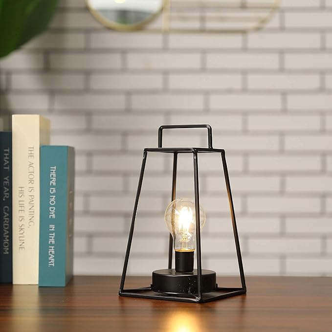 JHY DESIGN Retro Style Geometric Table Lamp 10''High Simple Iron Art Cordless Lamp Battery Powered Lamp with 6-Hours Timer Feature Cage Wireless Lamp for Balcony Party Indoor Outdoor(Short, Black)-VerdiqueGarden