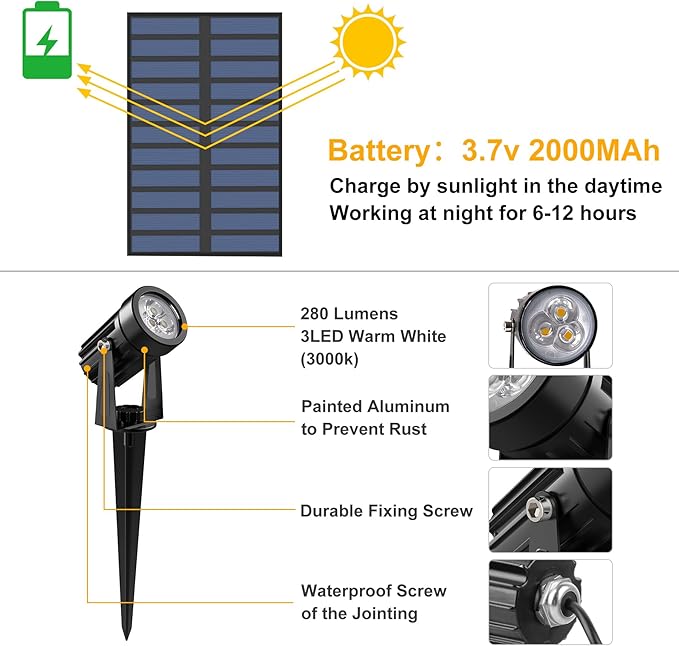 Solar Spot Lights Outdoor, Solar Landscape Spotlights IP65 Waterproof 9.8ft Cable,Auto On/Off Outdoor Wall Lights for Garden Yard Driveway Porch Walkway Pool (3000K Warm White)-VerdiqueGarden