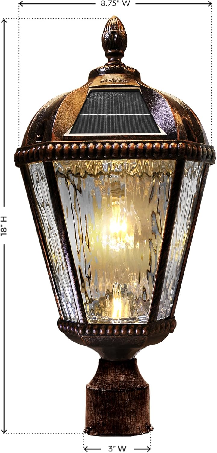 Gama Sonic Outdoor Solar Post Light, Brushed Bronze Finish Aluminum, Royal Bulb, Clear Rain Glass, 3-inch Fitter for Lamp Posts 98B112 (Upgraded Panel and Battery)-VerdiqueGarden