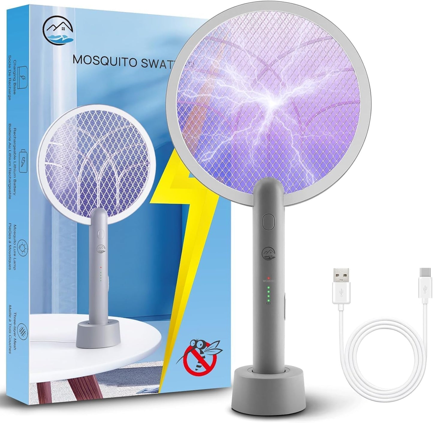 Electric Fly Swatter Racket, Mosiller 2 in 1 Bug Zapper with Type-C Rechargeable Base, 4000V Mosquito Killer with 3-Layer Safety Mesh for Pest Insect Control for Indoor、Office、Camping(Grey-1 Pack)-VerdiqueGarden