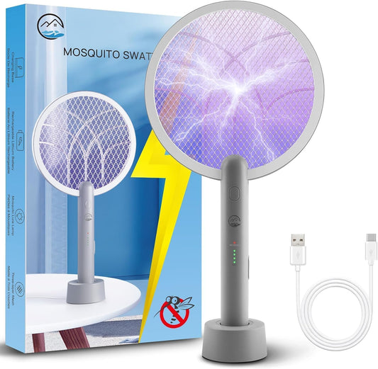 Electric Fly Swatter Racket, Mosiller 2 in 1 Bug Zapper with Type-C Rechargeable Base, 4000V Mosquito Killer with 3-Layer Safety Mesh for Pest Insect Control for Indoor、Office、Camping(Grey-1 Pack)-VerdiqueGarden