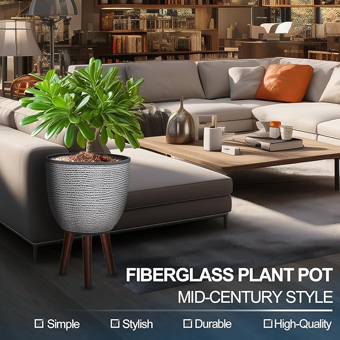 12 Inches Plant Pot with Stand, Large Decorative Standing Planters with Drainage Holes for Indoor Plants, Modern Gray Flower Pots with Legs-VerdiqueGarden