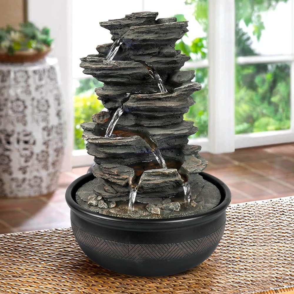15.7” High Rock Falls Tabletop Water Fountain with LED Lights - 5-Tier Indoor Relaxation Waterfall Fountain, Small Cascading Water Feature for Home and Office Decor Gray-1-VerdiqueGarden