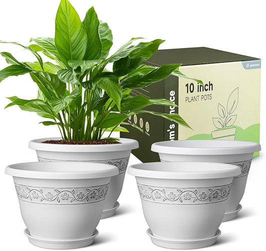 10 Inch Plant Pots with Drainage Hole - Lightweight Flower Pots for Herbs and Flowers - Home Decor Plastic Planters for Indoor Outdoor Plants- Pack of 4 (White, 10 inch)-VerdiqueGarden