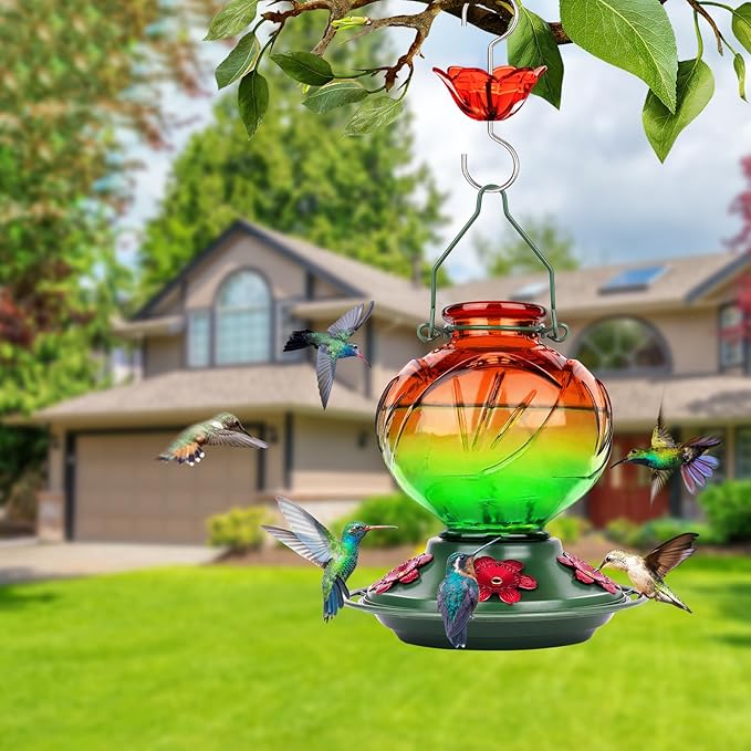 BOLITE Hummingbird Feeder, Glass Hummingbird Feeders for Outdoors Hanging, 22 Ounce, Five Feeding Ports with Perch, Peony Flower Shape, Orange and Green, Gifts for Women Men, Gifts for Mom Dad-VerdiqueGarden