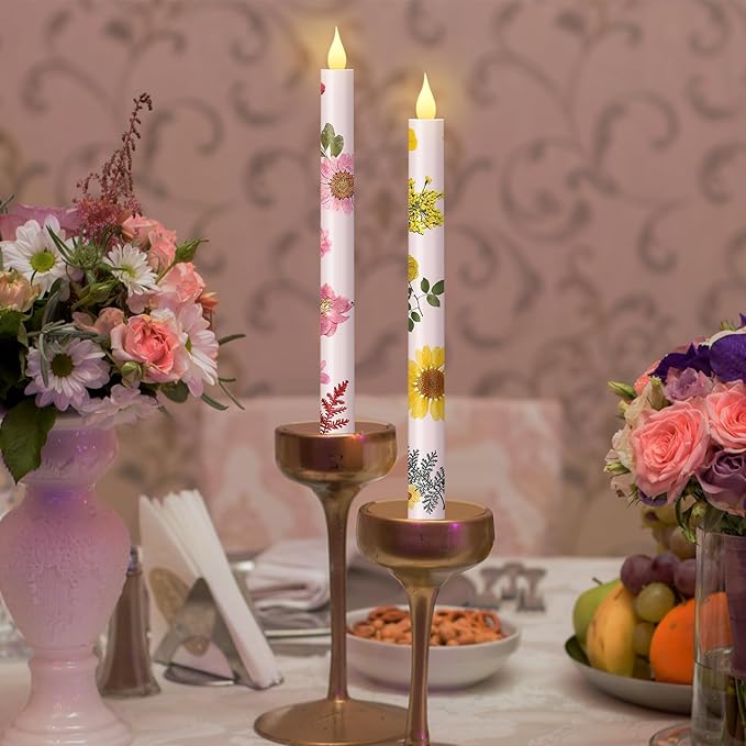 Nuanchu 6 Pcs Floral Taper Candles 10.6 Inch Pastel Flameless Candle Battery Operated Dried Flower Candlestick LED Pressed Floral Candlestick for Summer Home Wedding Dining Garden Party Decoration-VerdiqueGarden