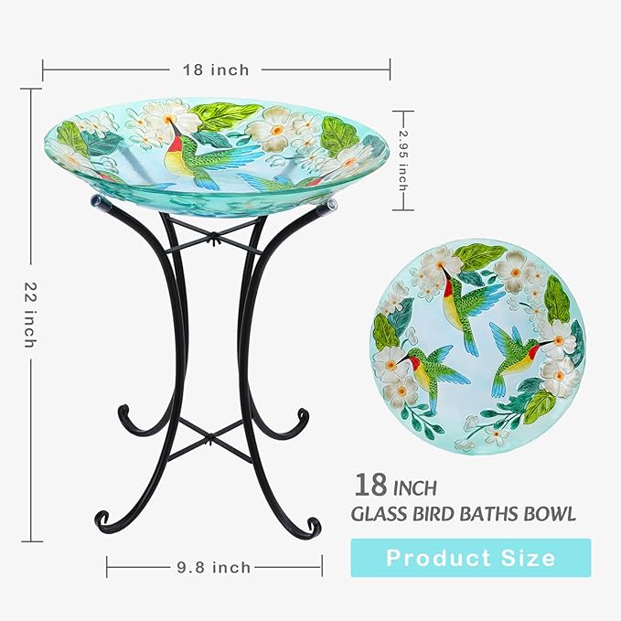 VCUTEKA 18" Outdoor Glass Birdbath with Sturdy Metal Stand for Lawn, Yard, or Garden Decor Bird Lovers Gift, Hummingbird Bird Bath Detachable, 22" Height-VerdiqueGarden