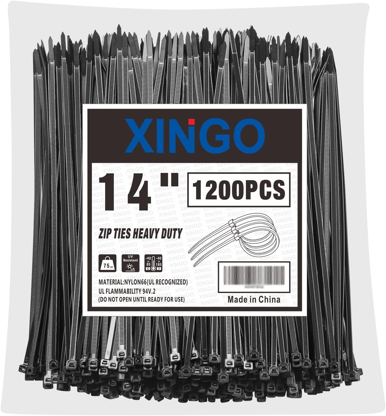 XINGO 14 Inch Black Zip Ties 1200 PCS, 75 LBS Tensile Strength, UV Resistant Cable Ties, Premium Self-locking Plastic Ties for Indoor and Outdoor Use-VerdiqueGarden