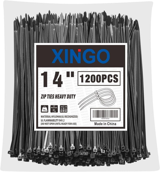 XINGO 14 Inch Black Zip Ties 1200 PCS, 75 LBS Tensile Strength, UV Resistant Cable Ties, Premium Self-locking Plastic Ties for Indoor and Outdoor Use-VerdiqueGarden