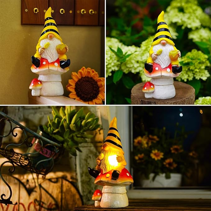 Solar Gnome Decor for Outside - Garden Beer Gnome Outdoor with Solar Lights, Sitting on Mushrooms - Perfect Housewarming or Women's Gifts (Yellow)-VerdiqueGarden