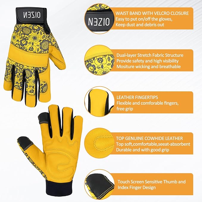 Cowhide Leather Thorn Proof & Puncture Resistant Gardening Gloves for Women and Men, Touchscreen Compatible Working Gloves for Weeding, Digging, Planting, Gardening Gifts for Women (Size Medium)-VerdiqueGarden