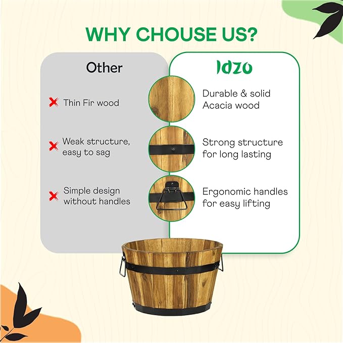 IDZO Set of 3 Wooden Flower Planters for Outdoor Plants, Acacia Wood Barrel Planters, Ergonomic Handles, Drainage Holes, Various Sizes, Golden Teak-VerdiqueGarden