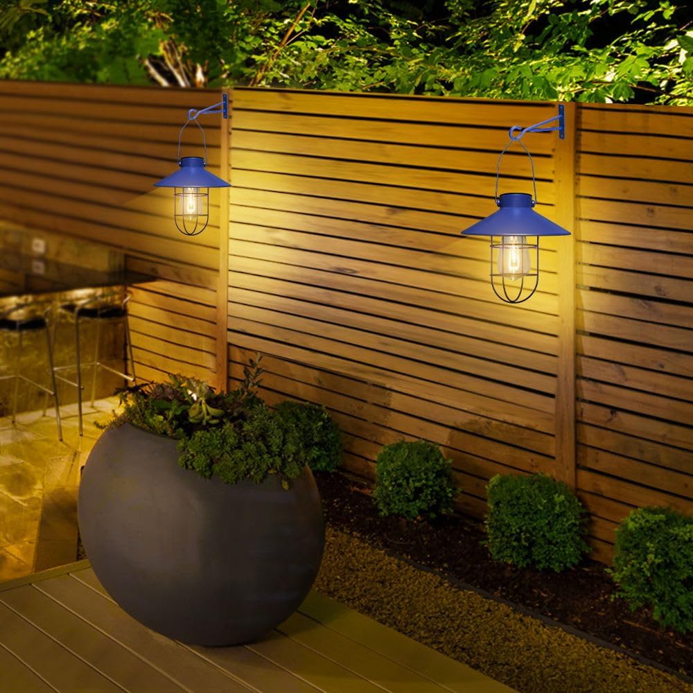 pearlstar Solar Lantern Outdoor Hanging Light Metal Farmhouse Solar Lamp with Warm White Edison Bulb Design for Garden Yard Patio Proch Decor(Blue)-VerdiqueGarden