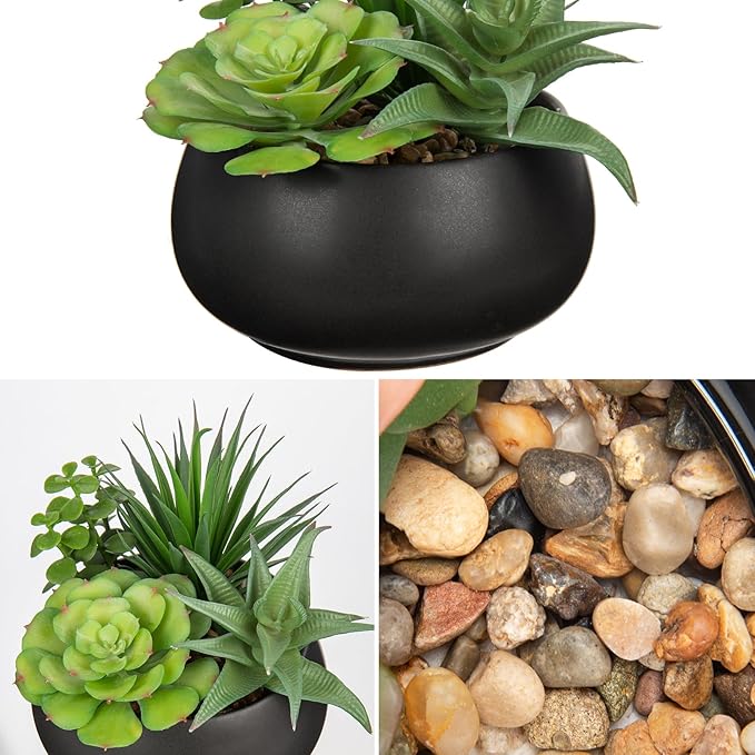 Fake Plants Artificial Succulents in Pots Faux Succulent Arrangement Potted Plant with Black Ceramic Pot for Home Decor Modern Office Desk Bathroom Shelf Living Room Indoor & Outdoor Decoration-VerdiqueGarden