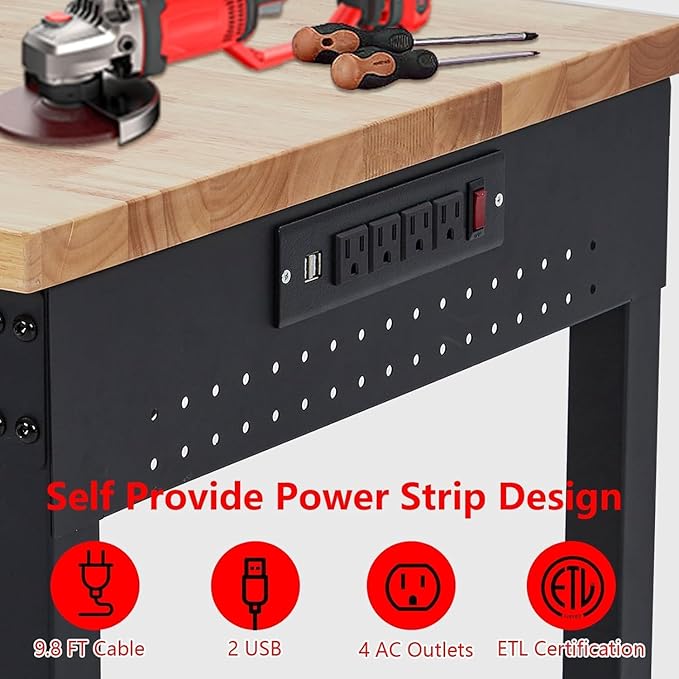 48'' Adjustable Workbench on Wheels, 2000LBS Heavy Duty Worktable with Power Outlets & Drawers & Pegboard, Rubberwood Workstation for Workshop, Garage, Office, Home-VerdiqueGarden