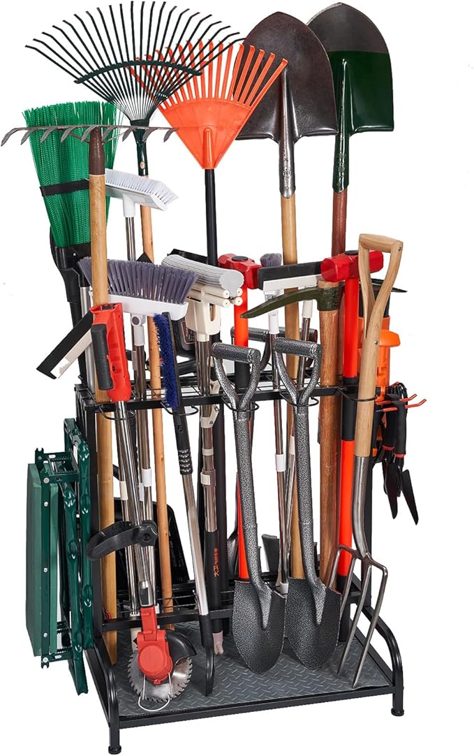 Garden Tool Organizer, Yard Tools Rack Holds 55 Long-Handled Tools/Rakes/Brooms for Garage Organization and Storage, Shed, Outdoor, Lawn, Heavy-Duty Steel, Black, Easy Assembly-VerdiqueGarden