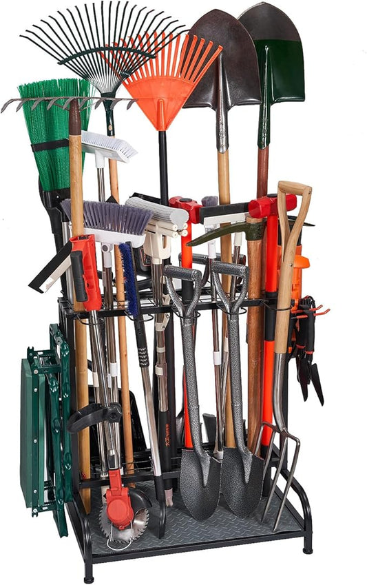 Garden Tool Organizer, Yard Tools Rack Holds 55 Long-Handled Tools/Rakes/Brooms for Garage Organization and Storage, Shed, Outdoor, Lawn, Heavy-Duty Steel, Black, Easy Assembly-VerdiqueGarden