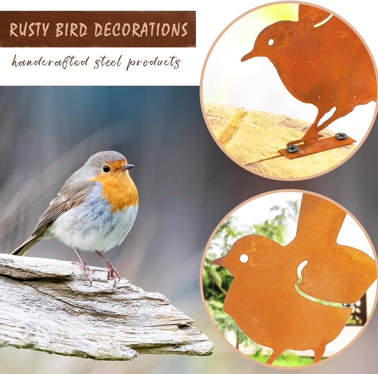 Nbippiooiwip Five-Piece Rustic Outdoor Bird Garden Sculpture Set, Metal Wall Art Bird Ornaments Ideal for Garden Stakes, Fields, Parks, Hotels, and Bird Enthusiasts Rustic Style-VerdiqueGarden