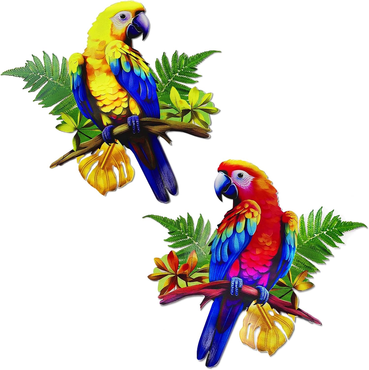 ULENDIS 2 Pack Metal Parrot Wall Decor, 11.8" Bright Color Tropical Bird Macaw Outdoor Wall Art Patio Fence Decorations, Hanging Bird Decor for Garden Yard Living Room Bedroom Balcony-VerdiqueGarden