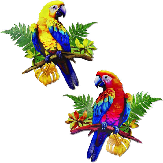 ULENDIS 2 Pack Metal Parrot Wall Decor, 11.8" Bright Color Tropical Bird Macaw Outdoor Wall Art Patio Fence Decorations, Hanging Bird Decor for Garden Yard Living Room Bedroom Balcony-VerdiqueGarden