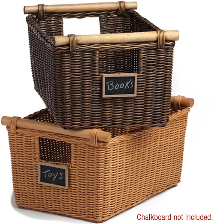 The Basket Lady Pole Handle Wicker Storage Basket, Extra Large, 20 in L x 16 in W x 10 in H, Antique Walnut Brown-VerdiqueGarden