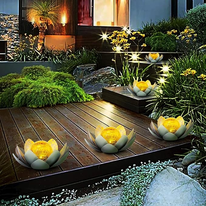 Huaxu Solar Lights Outdoor Garden Decor , Amber Crackle Globe Glass Lotus Decoration,Waterproof Gray Metal Flower Light for Patio,Lawn,Walkway,Tabletop,Ground-VerdiqueGarden